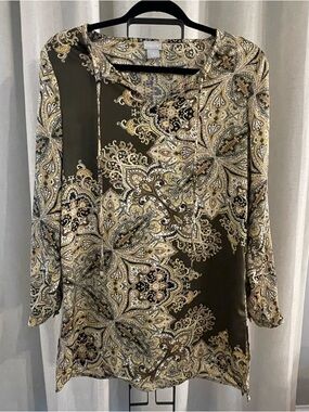 Chico's Olive Paisley Long-Sleeve Tunic